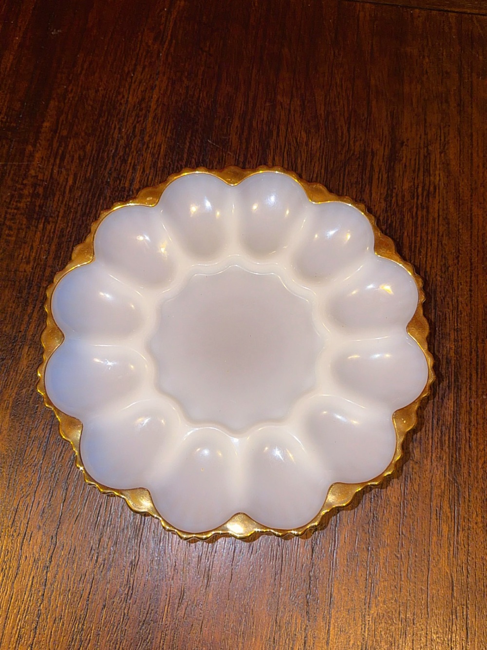 Vintage milk glass and Gold Scalloped Egg Platter - Elegant Home Dining Server